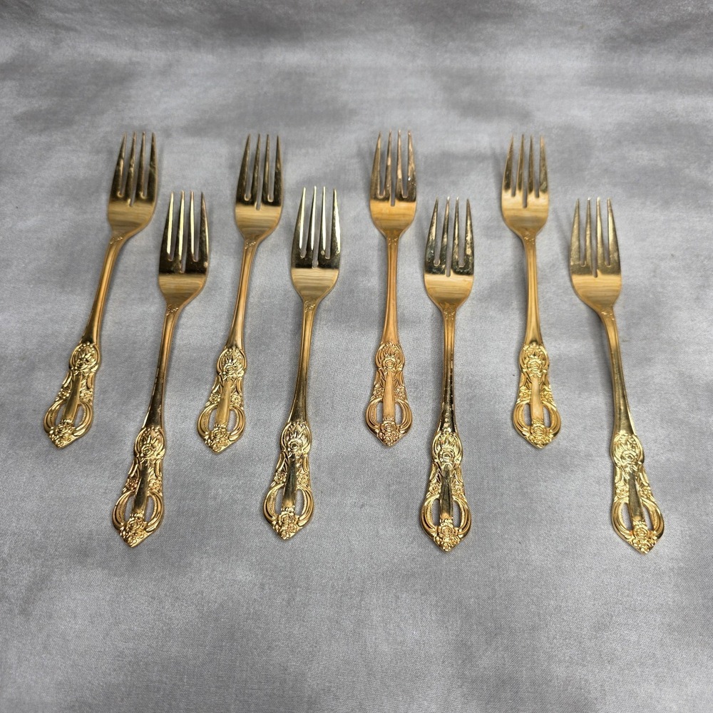 (X8) Hanford Forge Princeton Gold Electroplate Salad Forks 6.75" Vtg